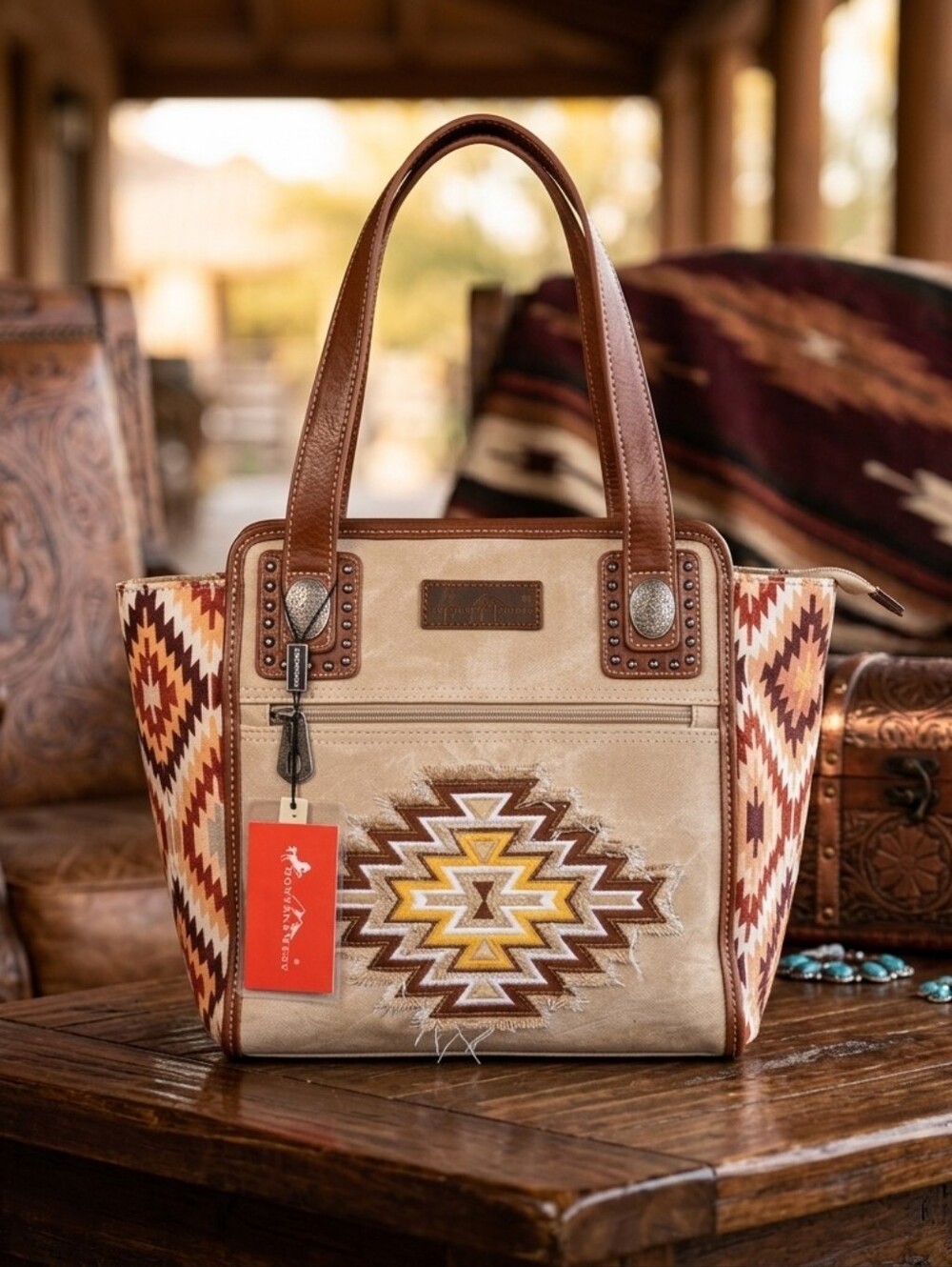Montana West Tan and Brown Tote with Geometric Pattern